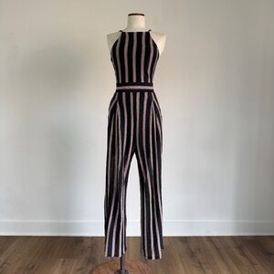 Joie Black Striped Linen Jumpsuit XS | Open Back Tie Detail